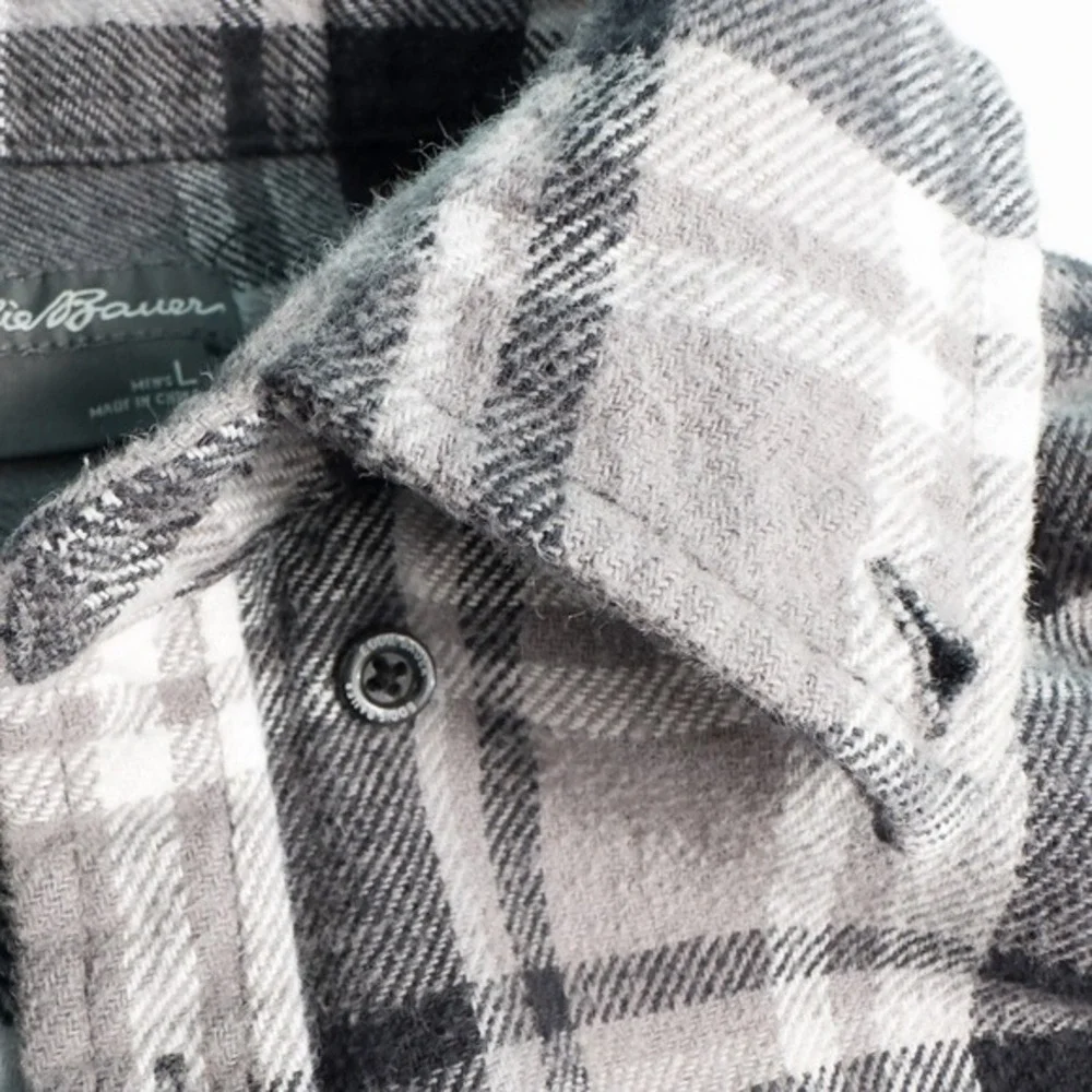 Eddie Bauer Mens Everyday Flex Flannel Plaid Button Down Shirt Large Gray Cotton